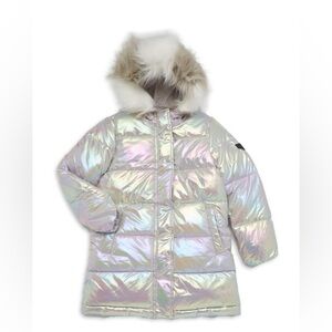 Iridescent Puffer Coat with Faux Fur Hood